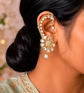 Kundan Ear Cuff Earrings, Gold Polki Style Bridal Ear Wrap, Festive Statement Jewelry 1