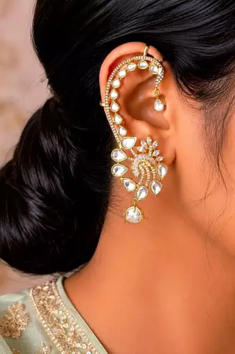 Kundan Ear Cuff Earrings, Gold Polki Style Bridal Ear Wrap, Festive Statement Jewelry