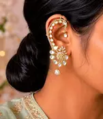 Kundan Ear Cuff Earrings, Gold Polki Style Bridal Ear Wrap, Festive Statement Jewelry