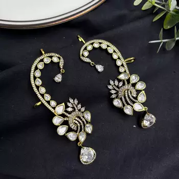 Kundan Ear Cuff Earrings, Gold Polki Style Bridal Ear Wrap, Festive Statement Jewelry 2