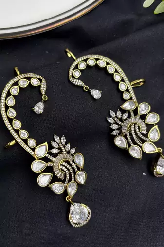 Kundan Ear Cuff Earrings, Gold Polki Style Bridal Ear Wrap, Festive Statement Jewelry