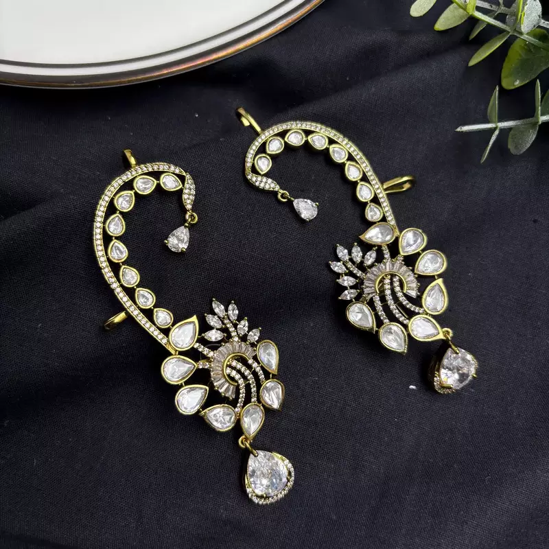 Kundan Ear Cuff Earrings, Gold Polki Style Bridal Ear Wrap, Festive Statement Jewelry