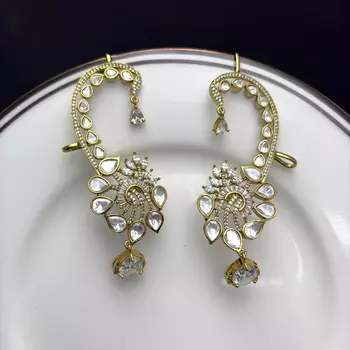Kundan Ear Cuff Earrings, Gold Polki Style Bridal Ear Wrap, Festive Statement Jewelry 3