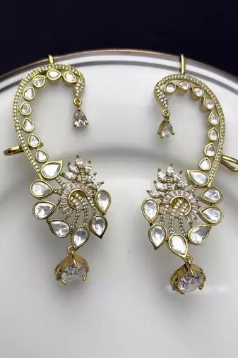 Kundan Ear Cuff Earrings, Gold Polki Style Bridal Ear Wrap, Festive Statement Jewelry