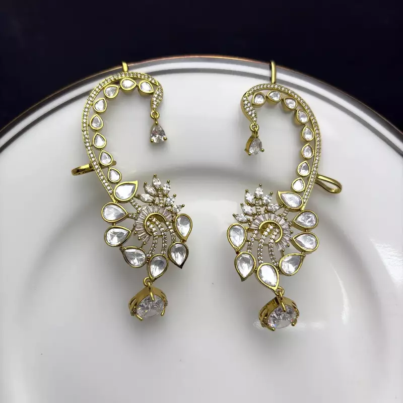 Kundan Ear Cuff Earrings, Gold Polki Style Bridal Ear Wrap, Festive Statement Jewelry