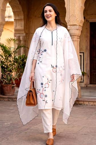  White Embroidered Kurta Pant Set with Floral Dupatta | Premium Women   s Ethnic Wear