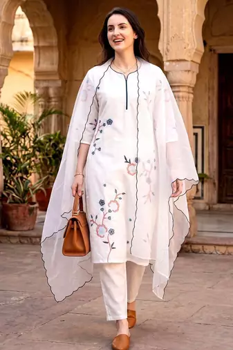  White Embroidered Kurta Pant Set with Floral Dupatta | Premium Women   s Ethnic Wear