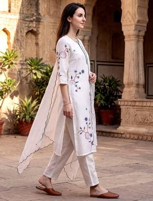  White Embroidered Kurta Pant Set with Floral Dupatta | Premium Women   s Ethnic Wear 3