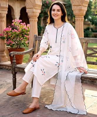  White Embroidered Kurta Pant Set with Floral Dupatta | Premium Women   s Ethnic Wear 4