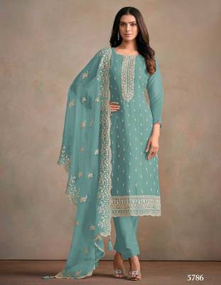 Aqua green organza kurta set with santoon bottom & dupatta 1