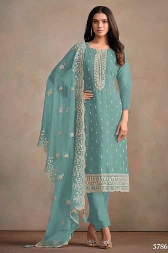 Aqua green organza kurta set with santoon bottom & dupatta