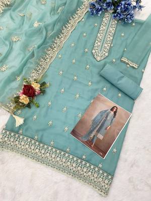 Aqua green organza kurta set with santoon bottom & dupatta 2