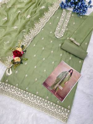 Sage green organza kurta set with santoon bottom & dupatta 2