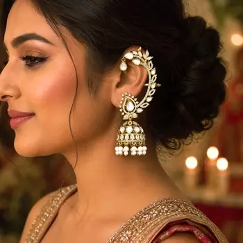 Gold Kundan Pearl Ear Cuff Jhumka Earrings, Indian Bridal Ear Wrap Crawler 1