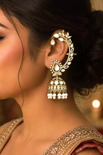 Gold Kundan Pearl Ear Cuff Jhumka Earrings, Indian Bridal Ear Wrap Crawler