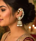 Gold Kundan Pearl Ear Cuff Jhumka Earrings, Indian Bridal Ear Wrap Crawler