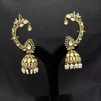 Gold Kundan Pearl Ear Cuff Jhumka Earrings, Indian Bridal Ear Wrap Crawler 2