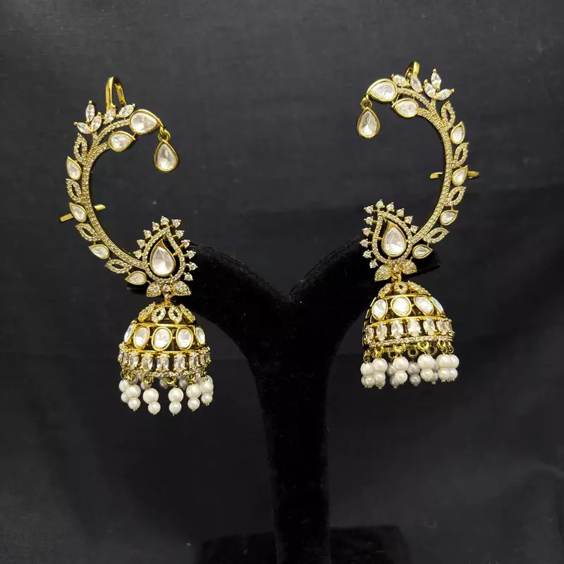Gold Kundan Pearl Ear Cuff Jhumka Earrings, Indian Bridal Ear Wrap Crawler