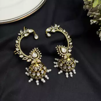 Gold Kundan Pearl Ear Cuff Jhumka Earrings, Indian Bridal Ear Wrap Crawler 3