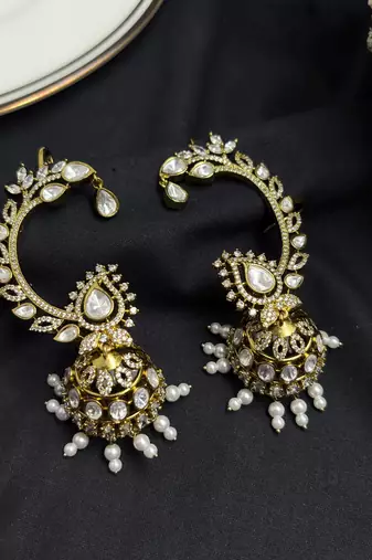 Gold Kundan Pearl Ear Cuff Jhumka Earrings, Indian Bridal Ear Wrap Crawler
