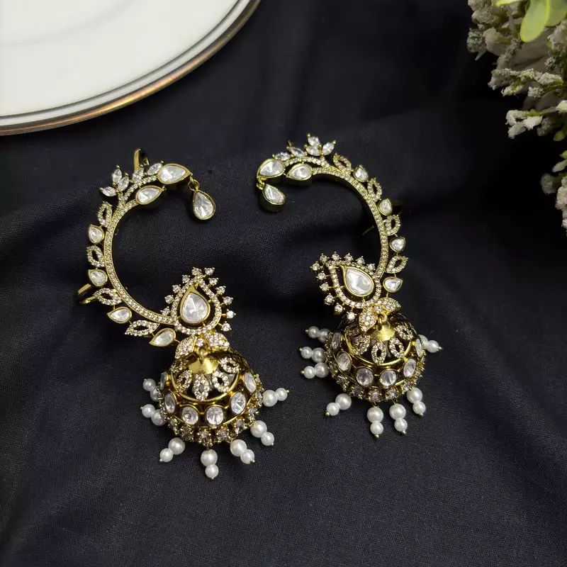 Gold Kundan Pearl Ear Cuff Jhumka Earrings, Indian Bridal Ear Wrap Crawler