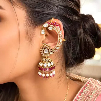 Kundan Ear Cuff Earrings, Indian Bridal Ear Crawler, Gold Wedding Jewelry 1