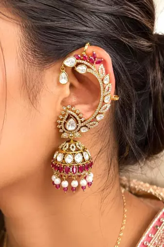 Kundan Ear Cuff Earrings, Indian Bridal Ear Crawler, Gold Wedding Jewelry