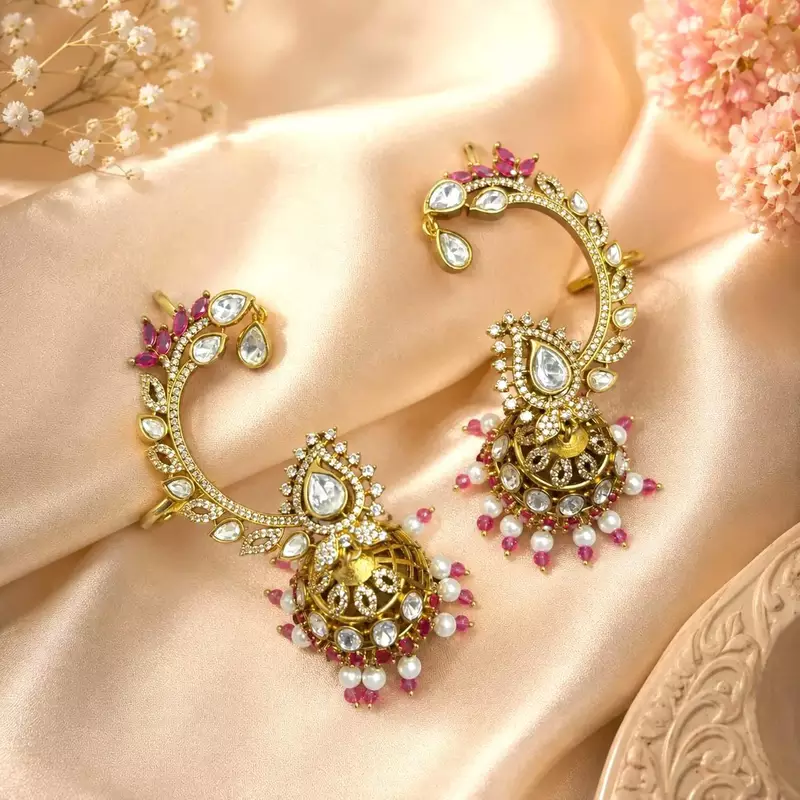 Kundan Ear Cuff Earrings, Indian Bridal Ear Crawler, Gold Wedding Jewelry