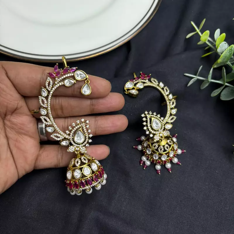 Kundan Ear Cuff Earrings, Indian Bridal Ear Crawler, Gold Wedding Jewelry