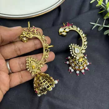 Kundan Ear Cuff Earrings, Indian Bridal Ear Crawler, Gold Wedding Jewelry 4