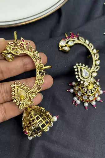 Kundan Ear Cuff Earrings, Indian Bridal Ear Crawler, Gold Wedding Jewelry