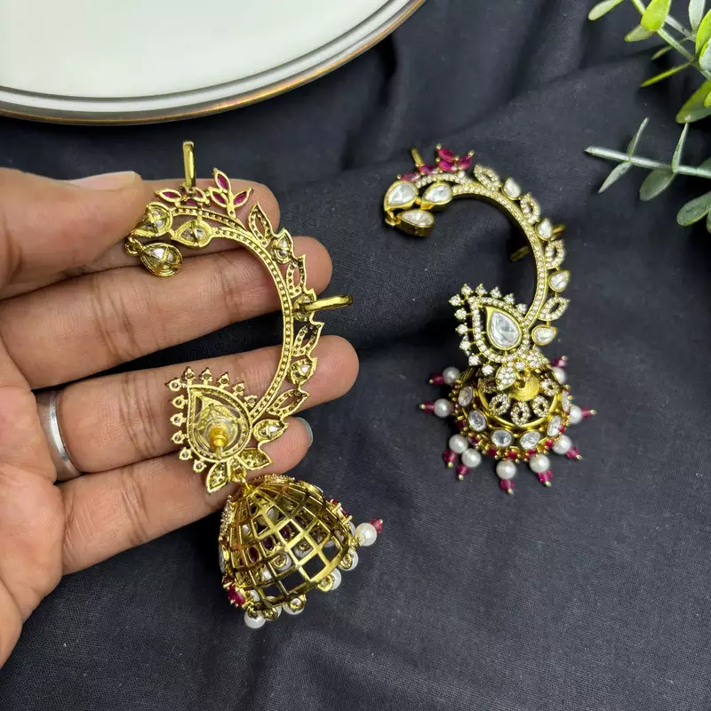 Kundan Ear Cuff Earrings, Indian Bridal Ear Crawler, Gold Wedding Jewelry