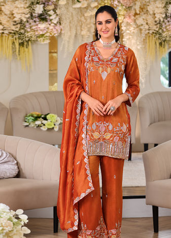 premium rust orange embroidered pakistani suit with dupatta  designer ethnic wear