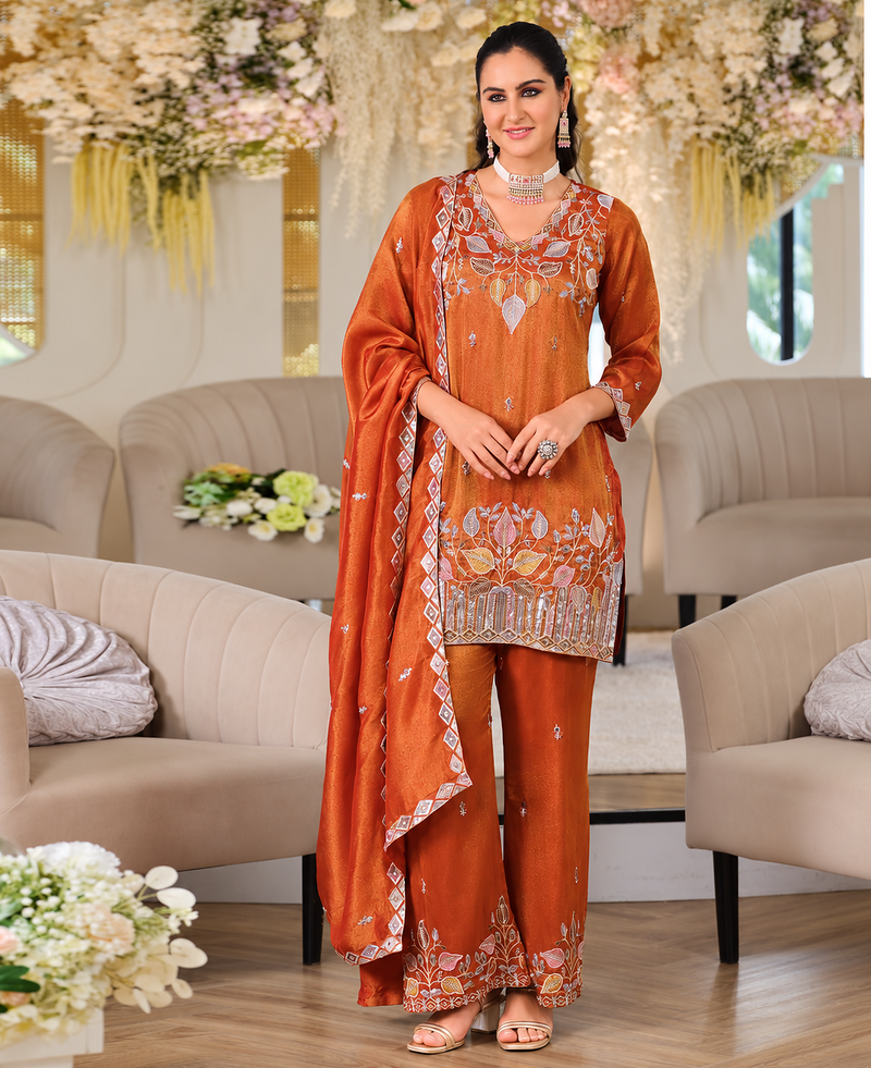 premium rust orange embroidered pakistani suit with dupatta  designer ethnic wear