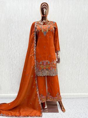 premium rust orange embroidered pakistani suit with dupatta  designer ethnic wear 3