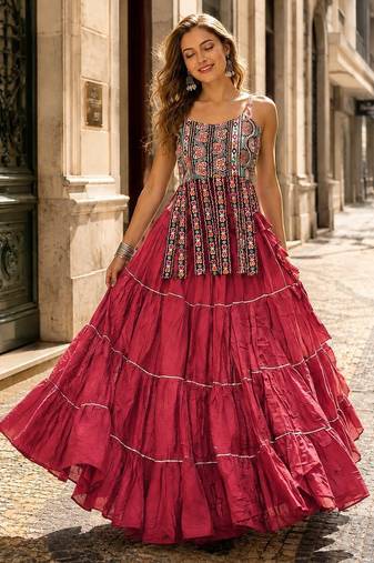 Red Cotton Readymade Navratri Lehenga Choli with Kutchi & Patchework