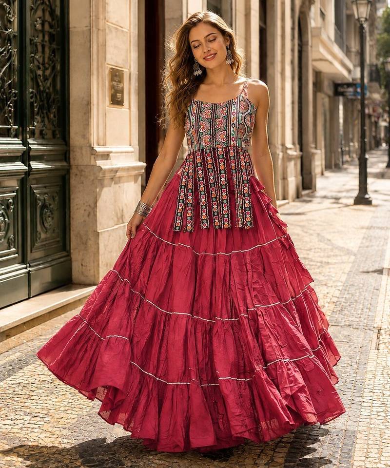 Red Cotton Readymade Navratri Lehenga Choli with Kutchi & Patchework