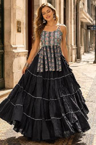 Black Cotton Readymade Navratri Lehenga Choli with Kutchi & Patchework