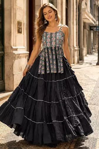 Black Cotton Readymade Navratri Lehenga Choli with Kutchi & Patchework