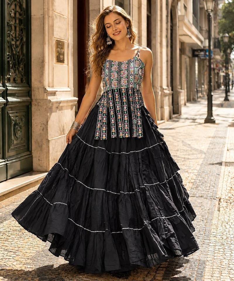 Black Cotton Readymade Navratri Lehenga Choli with Kutchi & Patchework