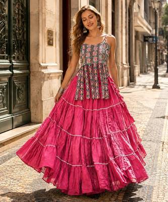 Pink Cotton Readymade Navratri Lehenga Choli with Kutchi & Patchework 1