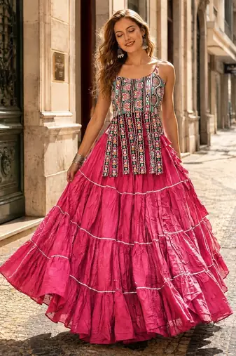 Pink Cotton Readymade Navratri Lehenga Choli with Kutchi & Patchework
