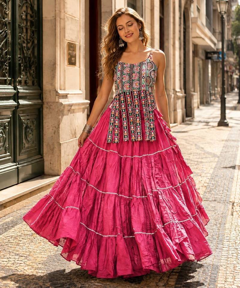Pink Cotton Readymade Navratri Lehenga Choli with Kutchi & Patchework