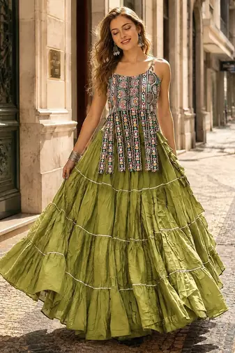 Green Cotton Readymade Navratri Lehenga Choli with Kutchi & Patchework