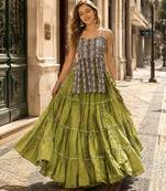 Green Cotton Readymade Navratri Lehenga Choli with Kutchi & Patchework