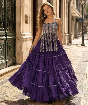 Violet Cotton Readymade Navratri Lehenga Choli with Kutchi & Patchework 1