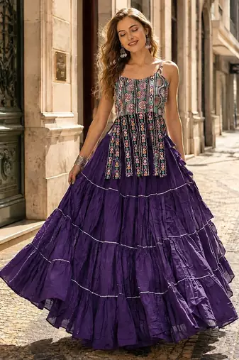 Violet Cotton Readymade Navratri Lehenga Choli with Kutchi & Patchework