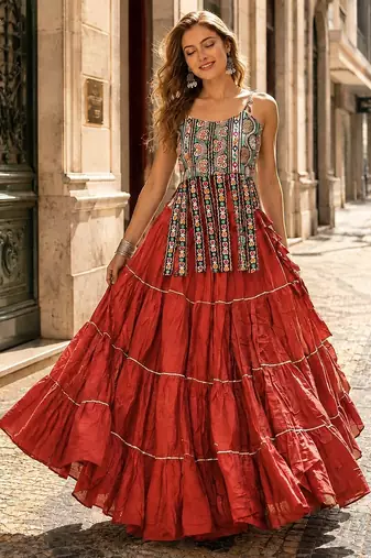 Rust Cotton Readymade Navratri Lehenga Choli with Kutchi & Patchework