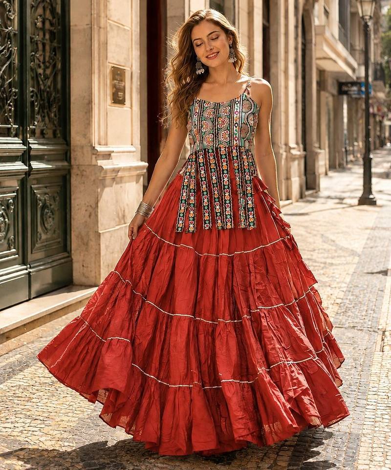 Rust Cotton Readymade Navratri Lehenga Choli with Kutchi & Patchework
