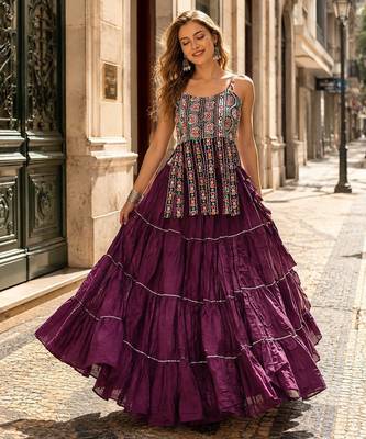 Purple Cotton Readymade Navratri Lehenga Choli with Kutchi & Patchework 1